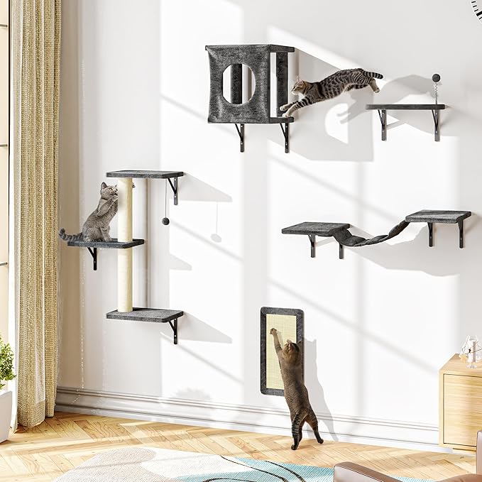 10 Pcs Cat Wall Shelves Set, Wall-Mounted Climber with Cat House, Scratching Post, Bridge, Hammock, Space-Saving Play Furniture, Grey