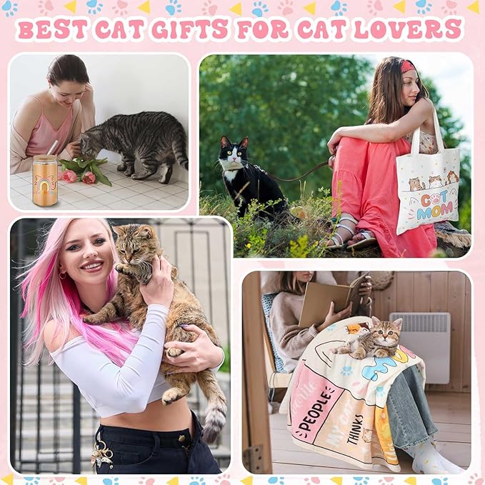 Paterr 6 Pcs Cat Mom Cat Lover Gifts for Women Christmas Canvas Tote Bag Makeup Bag Print Blanket Socks 16oz Glass Coffee Cup with Straw Cute Keychain for Mother's Day Birthday Girls Daughters Sister