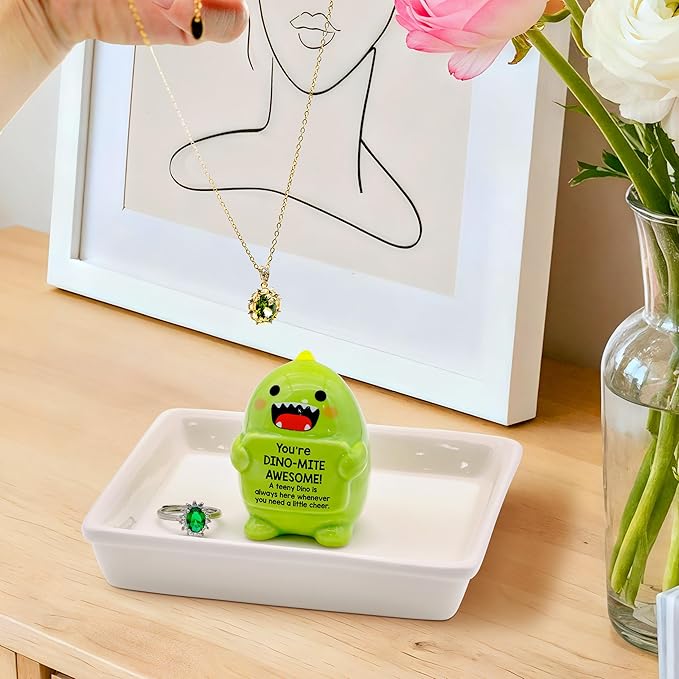PUDDING CABIN Funny Birthday Gifts for Women Dinosaur Ring Holder Dish for Rings Earrings Necklace Bracelets Jewelry Organizer Cute Room Decor, Mothers Day Gift for Mom Friendship Christams