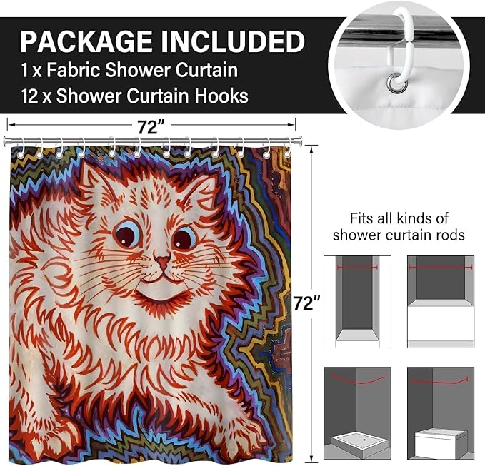 Louis Wain Cats Prints Shower Curtains,Psychedelic Style Cat Shower Curtains,Funny Waterproof Polyester Louis Wain Art Psychedelic Decor for Bathroom or Animal Lover,72 x 72 in
