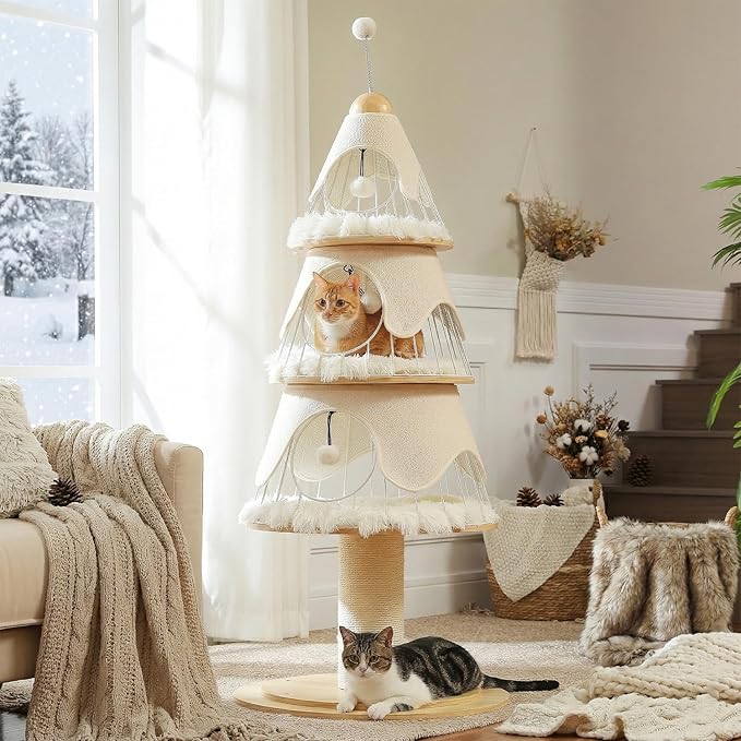 MUTTROS Modern Cat Tree-51.2" Cat Christmas Tree w/Thick Scratch Post(φ5.4in), Wood Cat Tower w/ 3 Condos-Heavy Duty Furniture w/Metal Frame & Replaceable Mat for Indoor Kittens, White