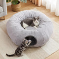 Cat Tunnel Bed for Indoor Cats, 31.5in Round Cat Tunnel for Small Cats, Cat Donut Tunnel with Washable Plush Mat, Collapsible Tunnel Hideplace for Kittens, Squirrels Grey
