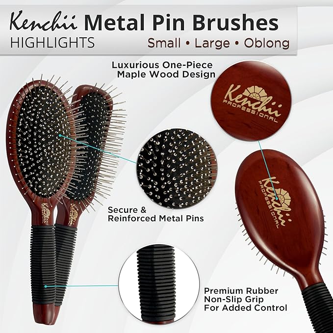 Kenchii Pet Grooming Metal Pin Brush | Solid Wood, Non-Slip Grip Detangling and Shedding Tool for Long or Short Haired Pets - Large Oblong Size
