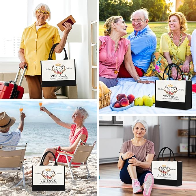 GevGuxLuo 50th Birthday Gifts for Women Canvas Tote Bag, 50 Years Old Birthday Gifts for Mom Wife Aunt Friends Her,Turning 50 Beach Bag Reusable Grocery Bag 1975 Women Tote Bag