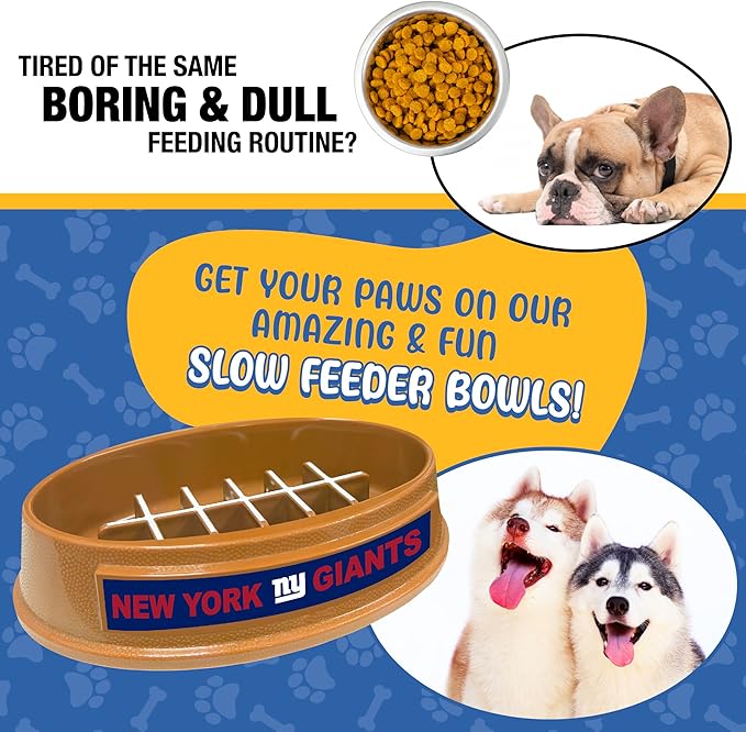 NFL Super Bowl New York Giants Slow Feeder Dog & Cat Bowl. Football Design for Healthy Digestion. Non-Slip for Large & Small Pets