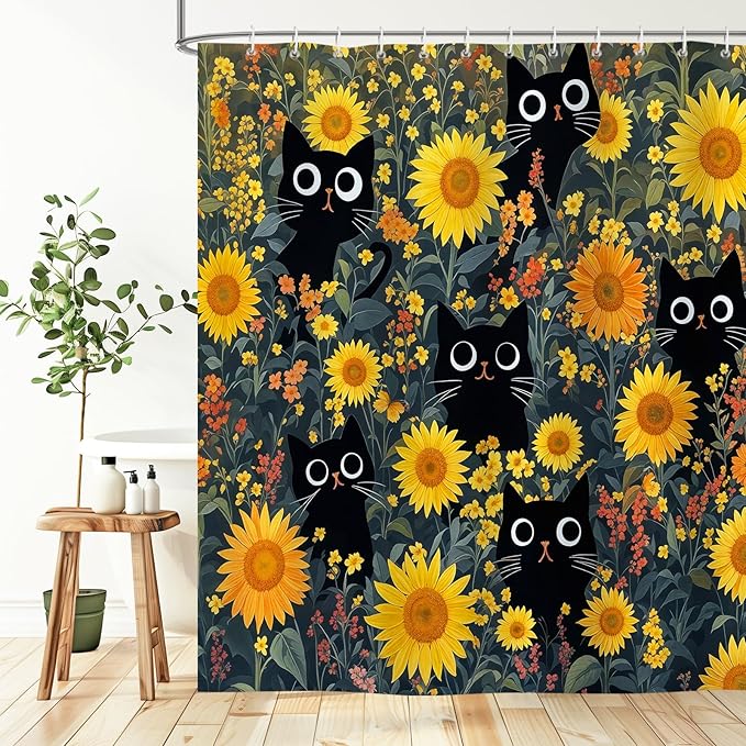 Funny Black Cat Sunflower Shower Curtain for Bathroom, Cute Yellow Floral Botanical Waterproof Polyester Bath Curtains with 12 Hooks,Spring Summer Farmhouse Decor,72 x 72 Inches