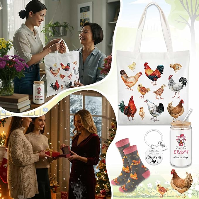 Paterr 4 Pcs Chicken Lover Gifts for Women, Funny Chicken Lady Gifts for Mother's Day Birthday Decorations, with Canvas Tote Bag 16oz Glass Coffee Cup with Straw Socks Cute Keychain
