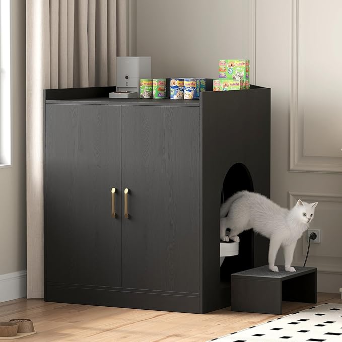 Heybly Litter box Enclosure,large Cabinet with Charging Station,Wooden Cat Litter Box Enclosure Furniture for Self-Cleaning Robot 3 & 4,Hidden for Smart Litter Box Size for senior cats,Black HCLB005BK