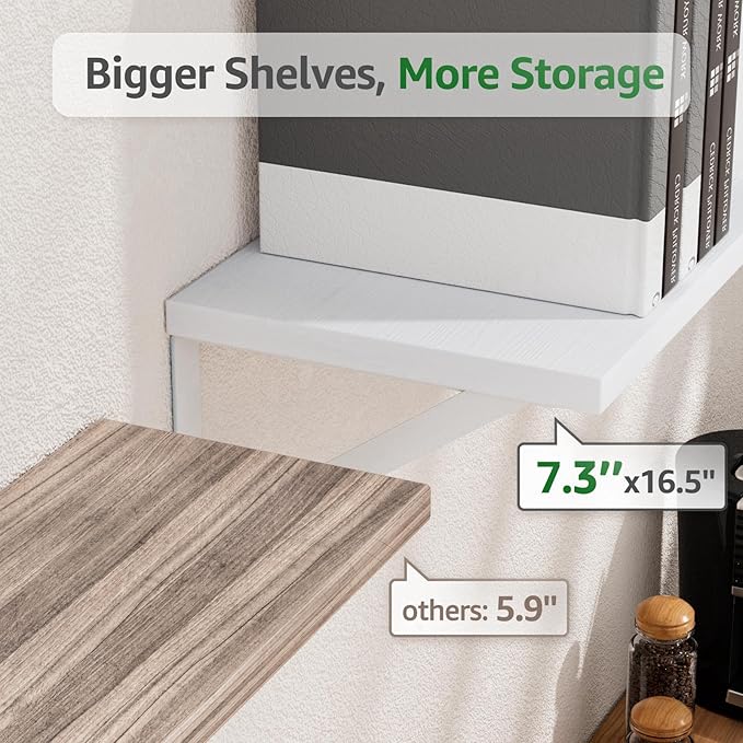 COCOYA Wall Shelves 7.3" Deep Set of 3, Solid Paulownia Wood Wider Longer Sturdy Easy to Install Wall Mounted Bookshelves Storage Shelves Bathroom Storage Office Laundry Room Bedroom Organizer White
