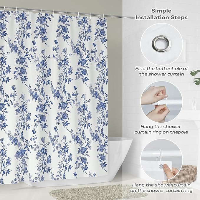 Blue Floral Shower Curtain,Vintage Wildflower Botanical Print Waterproof Polyester Fabric Bath Curtain,Spring Summer Bathroom Decor with 12 Hooks,72x72 Inch