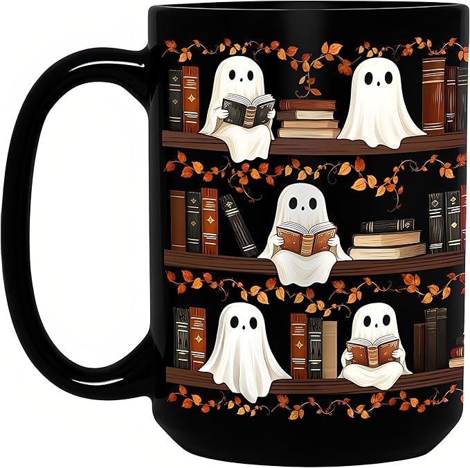 Halloween Cute Ghost Reading Coffee Mug, 15oz Black Ceramic Novelty Tea Cup, Spooky Halloween Ghost & Book Themed Mug for Book Lovers & Readers, Fun Festive Bookish Gift for Women, Men & Coworkers