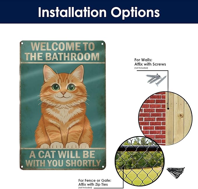 Funny Bathroom Sign Welcome to The Bathroom A Cat Will Be with You Shortly Humorous Restroom Decor Quirky Cat Lover Gift Novelty Aluminum Sign 8x12 Inches Orange Cat-01
