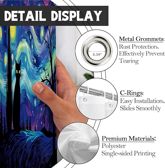 The Starry Night Shower Curtain Wall Decor,Funny Black Cat Shower Curtains for Bathroom,Cats Lovers Gifts,Aesthetic Waterproof Polyester Bath Art Decorative,72x72 in