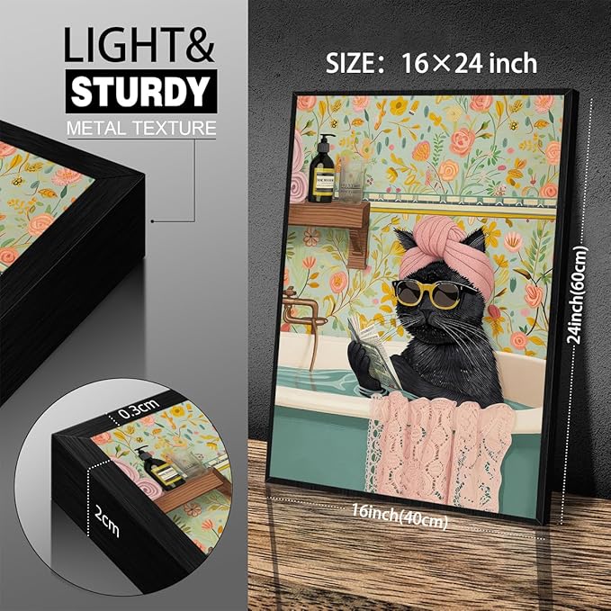Funny Black Cat Bathroom Wall Art Cute Animal Reading Poster Trendy Preppy Aesthetic Canvas Prints 16x24 inch Black Framed for Living Room Bedroom Toilet Kids Room Wall Decor