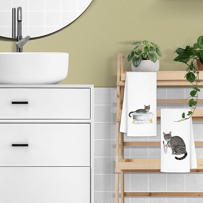 Jvpke Funny Gray Black Cat Decorative Towel Hand for Bathroom Kitchen Set of 2, Cat Gifts for Women Men, 16x24 in