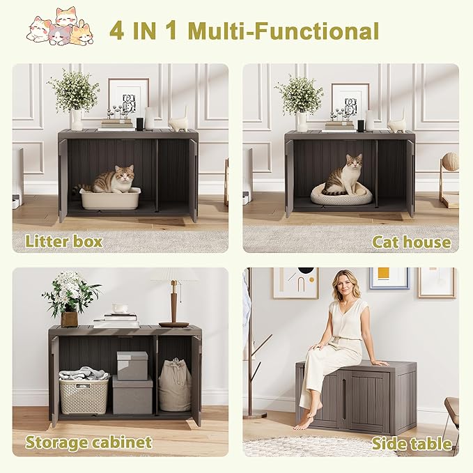 Cat Litter Box Enclosure, Hidden Enclosed Litter Box Furniture with Adjustable Partition, Multi-Functional Outdoor Cat House, Side Table, Easy to Clean, Dark Grey