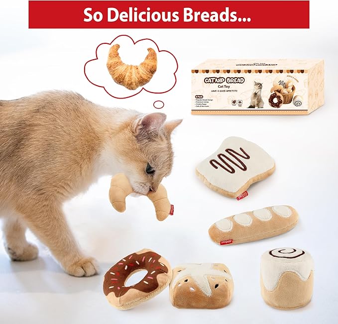 Gigwi Catnip Toys for Cats, Interactive Plush Kicker Toys Set Bread Design, Crinkle Pet Toys for Enrichment with Refillable Catnip, Safe Material Kitten Teething Toys for Chewing, 6 Pack