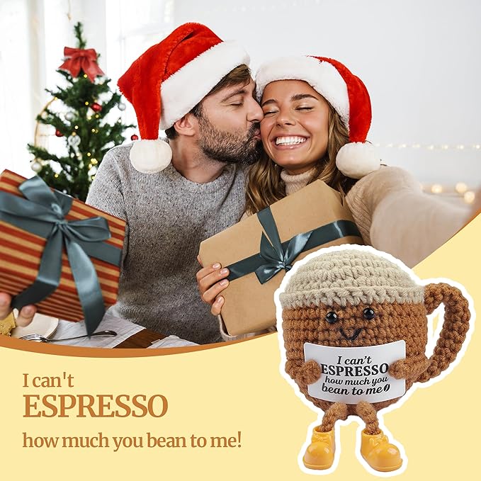 Joeyan Glass Cup with Lid and Straw - 20oz Iced Coffee Cups with Positive Crochet Coffee Mug Doll, Funny Coffee Gifts for Women, Coffee Lover Tumbler for Smoothie Boba Tea, Espresso Gift for Her
