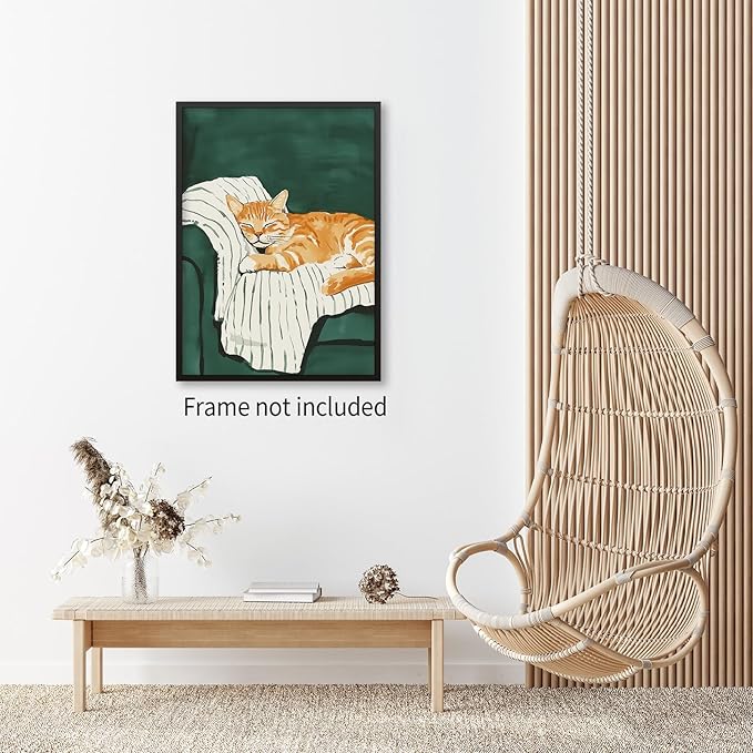 Sleeping Orange Cat poster Green Aesthetic Wall Art Preppy Funky Cute Animal Canvas Painting Gift For Cat Lover for Cozy Room Wall Decor 08x10 inch Unframed