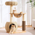 38" Modern Cat Tree Tower for Indoor Cats, Solid Wood Cat Furniture with Handwoven Rattan Basket Bed & Cave, Capsule Nest, Sisal Scratching Posts and Self-Groomer, Space-Saving Cat Condo