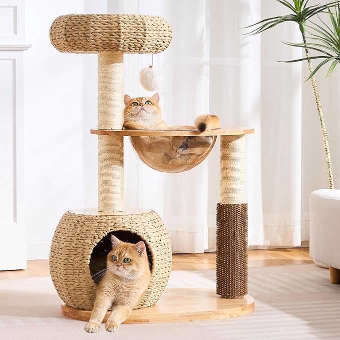 38" Modern Cat Tree Tower for Indoor Cats, Solid Wood Cat Furniture with Handwoven Rattan Basket Bed & Cave, Capsule Nest, Sisal Scratching Posts and Self-Groomer, Space-Saving Cat Condo
