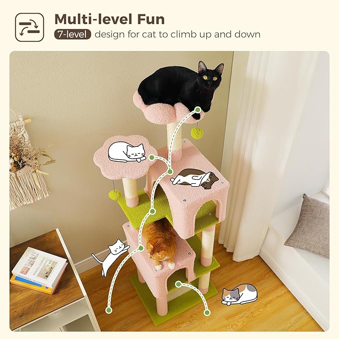 MUTTROS Flower Cat Tree, 62-Inch Tall Multi-Level Cat Tower with Scratching Posts for Large Indoor Cats, Plush Bed w/Padded Perches, Scratching Pad & 2 Green Pompoms, Pink