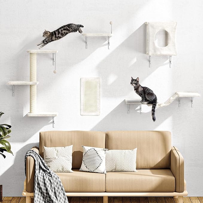 10 Pcs Cat Wall Shelves Set, Wall-Mounted Climber with Cat House, Scratching Post, Bridge, Hammock, Space-Saving Play Furniture, Beige
