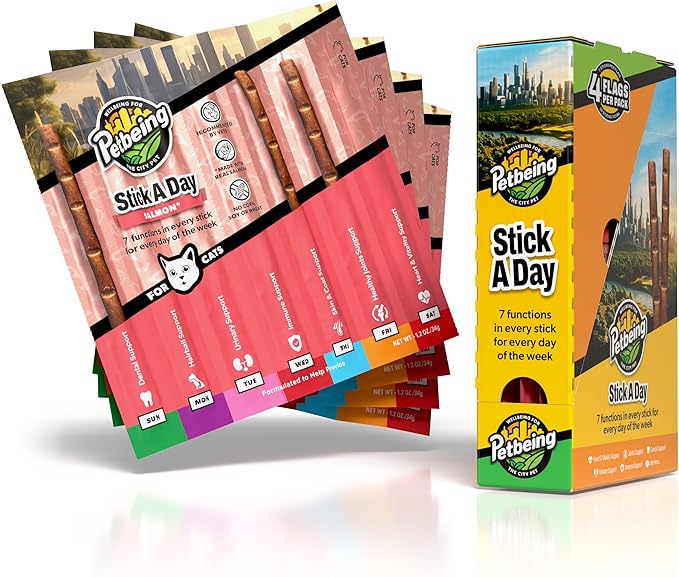 Stick a Day Cats | Specially Formulated 7-in-1 Functions Daily Real Meat Supplement for Cats | Cat Chew Stick & Pet Vitamins Supplements Combination (7-Pack x 4, Mix)