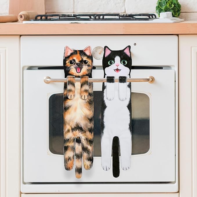 Funny Hand Towels for Bathroom Kitchen Decor - Cute Cat Hanging Hand Towel Kitchen Gadgets - Unique Housewarming Birthday Christmas Cat Lover Gift Ideas for Women Mom Lady Adults