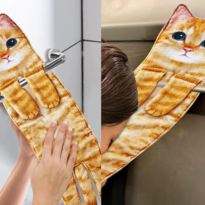 Funny Hand Towels for Bathroom Kitchen Decor - Cute Cat Hanging Hand Towel Kitchen Gadgets - Unique Housewarming Birthday Christmas Cat Lover Gift Ideas for Women Mom Lady Adults