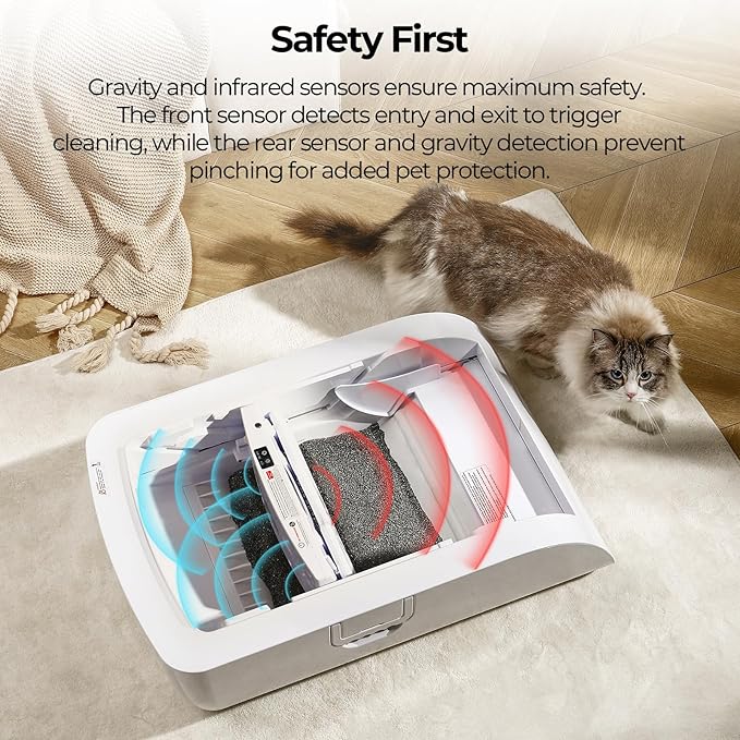 Open-Top Self Cleaning Cat Litter Box Automatic with Smart APP Control, Anti Pinch and Odorless, Whisper Quiet, Free Waste Bag/Litter Mat/Cleaning Brush/Mineral Cat Litter (Cream White)