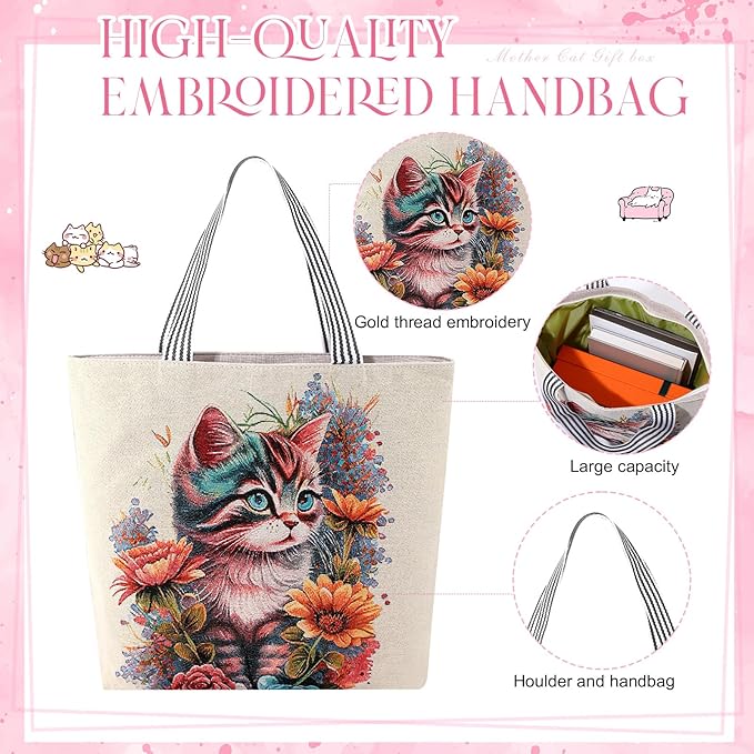 Sadnyy 8 Pcs Cat Themed Gifts for Women Cat Lovers Funny Crazy Mom Gifts Box Basket Set 16 oz Glass Cup Tote Bag Crochet Animal Keychain Stuff Present for Lady People Who Love Kitten Birthday