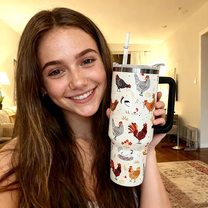 Ceovfoi 40 oz tumbler with handle,40 oz Chicken Tumbler with lid and Straw,Chicken Stainless Steel Cup Coffee Travel Mug,Chicken Gifts for Chicken Lovers,Rooster Stuff Decor Accessories