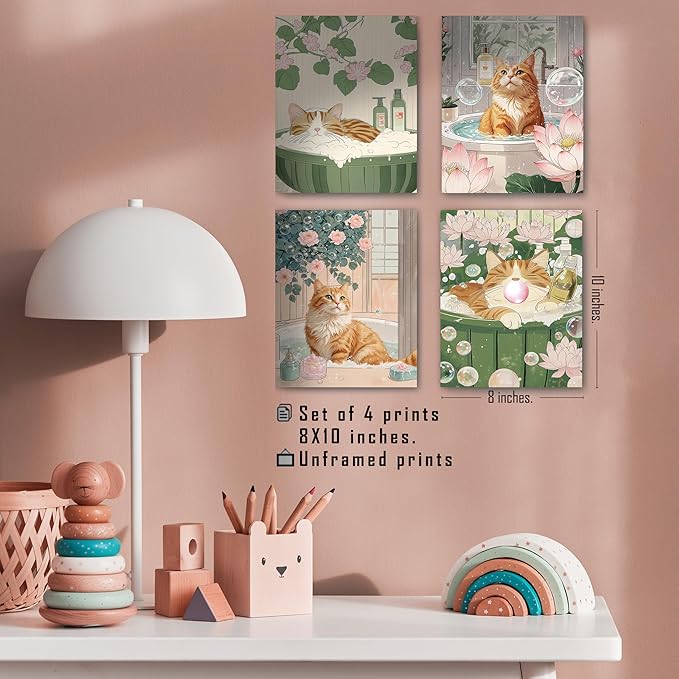 FITIE Orange Tabby Cat Bathroom Wall Art Posters Set of 4, Cat Bathroom Decor, Retro Japanese Aesthetic Floral Bathtub Cats Canvas Prints Artwork Wall Decor for Bath Wash Room, 8x10 Unframed