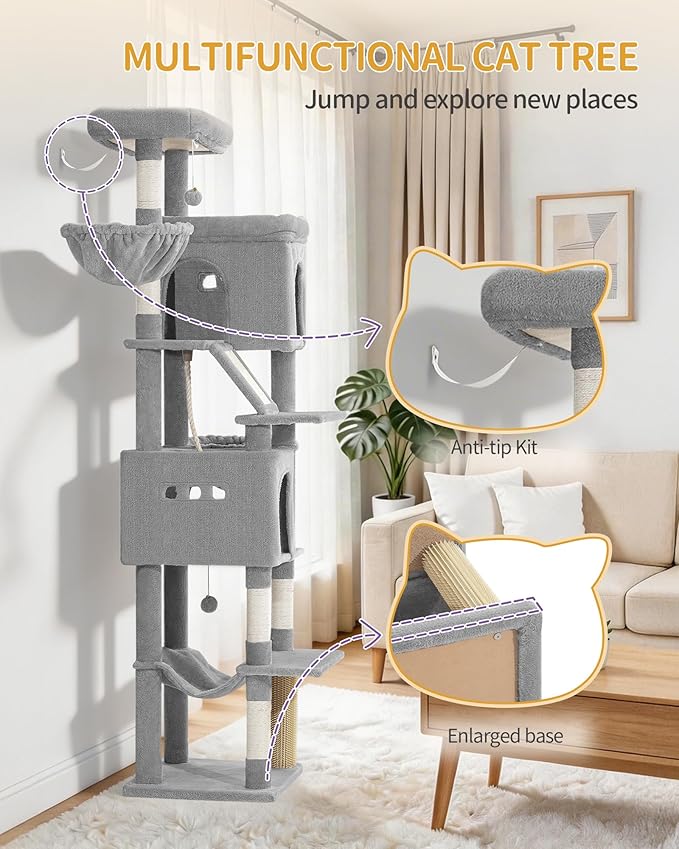 Hzuaneri Large Sturdy Cat Tree Tower, 84 Inch Tall Pet Condo For 7 Large Cats, Cat Tree Indoor Climbing Activity Tower, 2 Large Platform/2 Cave/2 Hanging Basket/5 Scratching Post, Light Grey MS21318LG