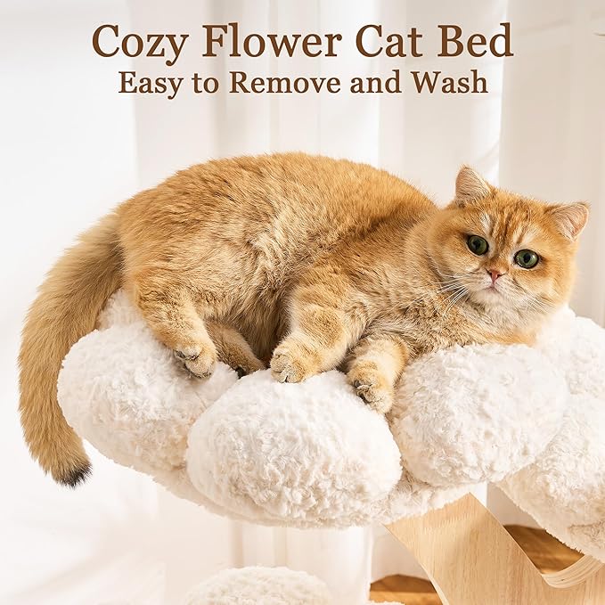 HITTITE Flower Cat Tree with Scratching Post, 48 Inches Cute Cat Tower with Wooden Branch Design, Aesthetic Modern Cat Climbing Tower with Flower Perches and Hanging Toy for Indoor Cats Large Adult.