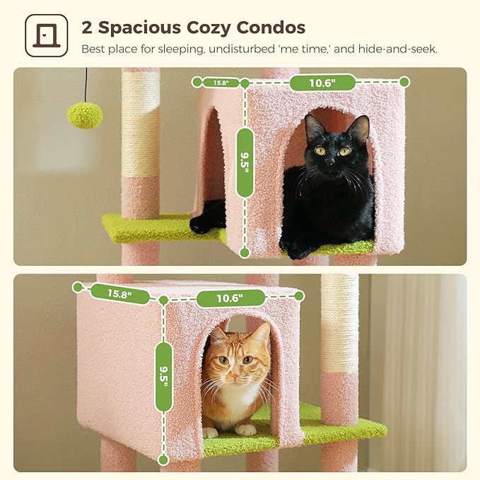 MUTTROS Flower Cat Tree, 62-Inch Large Cat Tower for Multi-Cat Households w/Scratching Posts, Multi-Level Cat Condo w/Cozy Top Perch & Scratching Pad, Padded Platform, 2 Pompoms, Pink