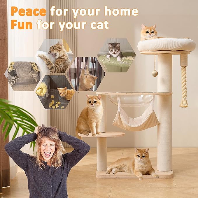 Modern Cat Tree Small Tower with Scratching Post for Indoor, Solid Wood Multifunctional Corner Cat Tree Tower with Bed