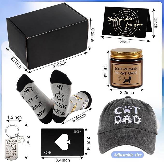 14 Pieces Cat Dad Gifts for Dad Best Cat Dad Ever for Men, for Men Including Whiskey Set Socks Keychain Hat Bottle Opener Greeting Cards Sented Candle