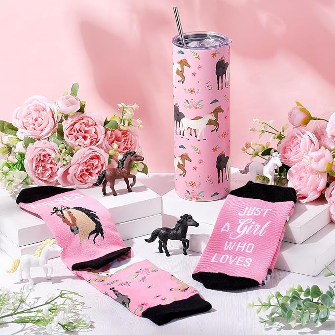 Funnymoom 2 Pack Horse Gifts Set Skinny Tumbler 20 oz Travel Coffee Mug Novelty Cute Animals Socks, Christmas Birthday Party Gifts for Horse Themed
