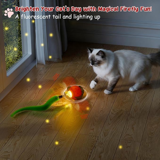 Interactive Cat Toy Ball – Firefly Automatic Moving Electric Kitten Toy with 2 Feather Tails, 3-Speed Modes, USB Rechargeable, Chirping Sounds & Motion Activation for Bored Cats