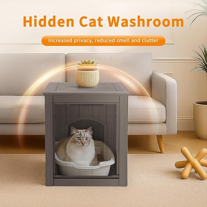Cat Litter Box Enclosure, Plastic Hidden Litter Box Side Table with Openable Front Door, Cat Box Enclosure Cabinet for Indoor & Outdoor Use, Weatherproof, Easy to Clean & Assemble, Grey