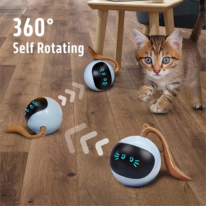 FOFOS Cat Toys 360°Self Rolling Ball Toy Interactive Toys Cat Wand Teaser Toys USB Charging Hunting Exercise Toys Indoor Gifts for Kitten/Puppy/Small Dogs (Blue)