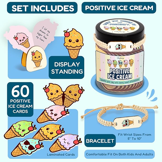 Stofinity Emotional Support Ice Cream Gifts - 60 Positive Affirmations Cards For Kids, Sweetest Day Gifts For Myself, Fathers Day, Mothers Day, Cute Christmas Gift For Teens Mood-boosting Desk Decor