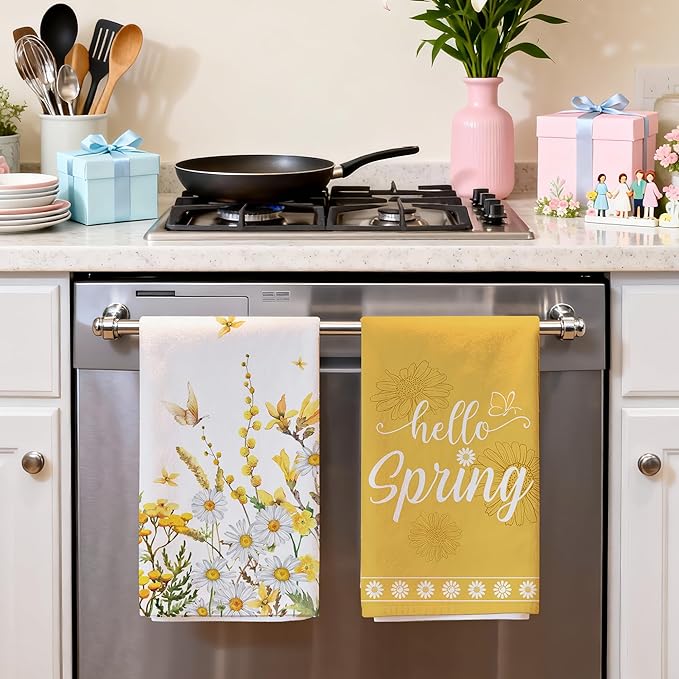 Hexagram Spring Kitchen Towels Sets of 2,Yellow Flower Hand Towels for Bathroom 18x28 Inch, Spring Farmhouse Home Decorations