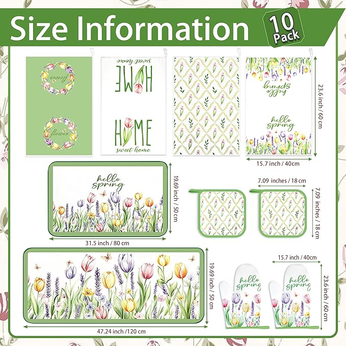 10 Pcs Tulip Floral Spring Style Kitchen Decor and Accessories Set 4 Kitchen Towels 2 Pot Holders 2 Oven Mitts 2 Rugs for Cooking Baking Mom Housewarming Gifts(Green and White)