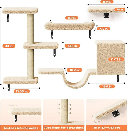 6-in-1 Wall Mounted Cat Climber Set for Heavy Cats,Wall Shelves,Stable & Safe Cat Furniture Set for Large Cats, Wooden Climbing Wall with Scratching Post (White)