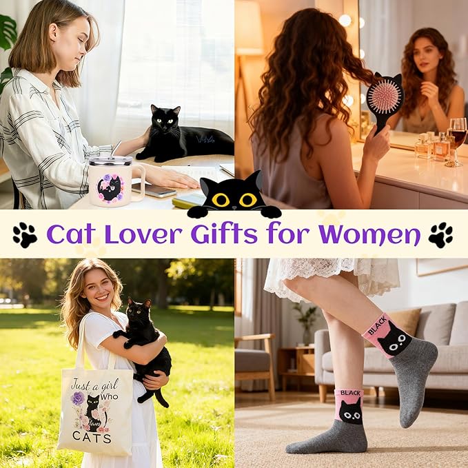 Cat Lover Gifts for Women, 7 Pcs Black Cat Themed Gift Set with Mug, Tote Bag, 3 Socks, Keychain & Comb. Perfect Kitten Themed Gifts for Women, Birthday, Mother's Day
