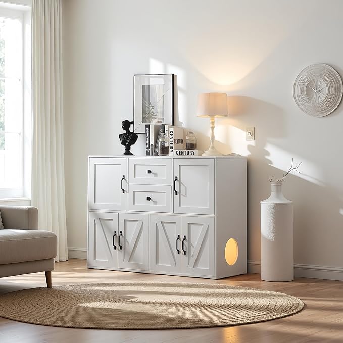 Spacious Wooden Double Cat Litter Cabinet with Drawers for Two Cats, Indoor Dog-Proof Cat House with Dual Compartments, 47.6 Inch Modern Privacy Litter Box Furniture (White)