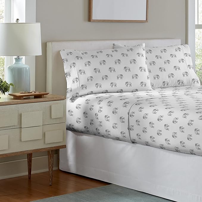 Pointehaven 180 GSM Velvet Feel Luxury 100% Cotton Printed Flannel Sheet Set, Full, Elephant - Warm & Cozy - Pre-Shrunk -Deep Pockets - Elastic All Around-Comfy Double Brushed -
